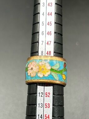 Cloisonné Enamel Floral Band Ring in Turquoise and Yellow size 5.5
